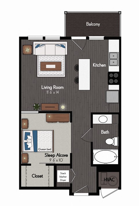 Floor plan for studio, 1 bath, 600 sqft